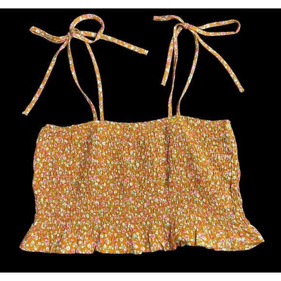 Timing Smocked Burnt Orange Floral‎ Print Bandeau Cropped Tank Top Size Large - Picture 1 of 8